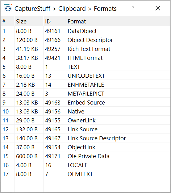 CaptureStuff shows all the data formats in the Windows clipboard