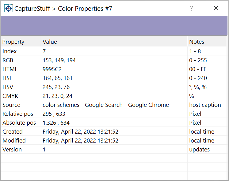 CaptureStuff picks colors along with a complete property sheet