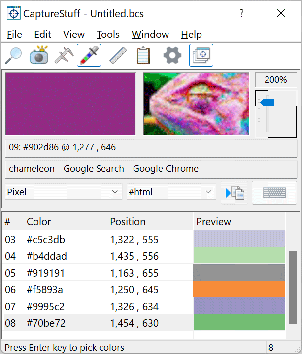 CaptureStuff copies the color of any pixel on the desktop to paste it into Photoshop and the like without losing focus