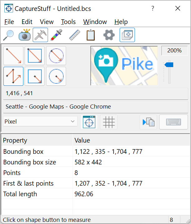 CaptureStuff measures distances and areas on the desktop using lines, squares, ellipses and polygons
