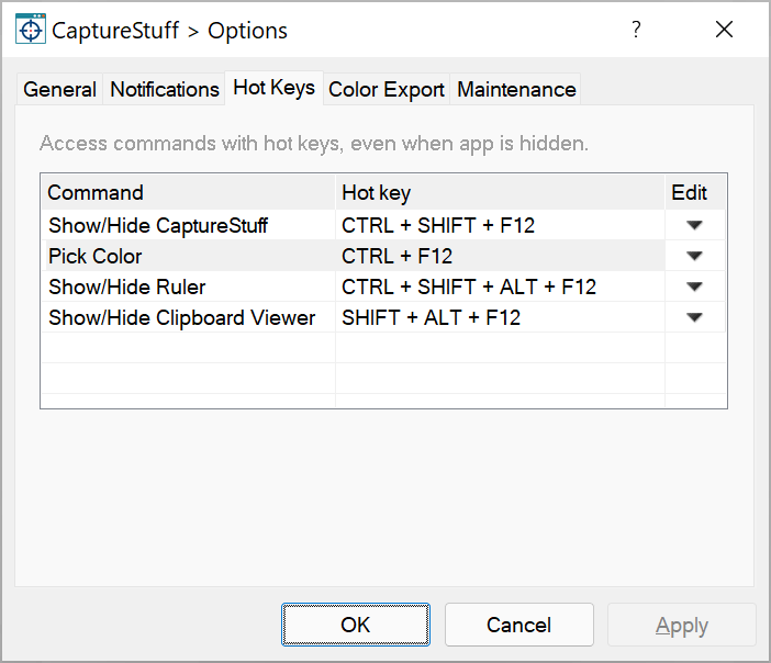 CaptureStuff Options - Hot Keys