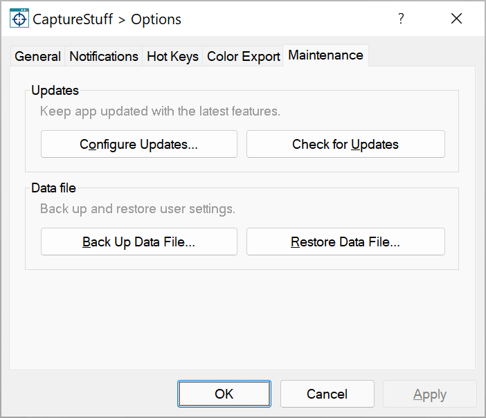 CaptureStuff Options - Maintenance