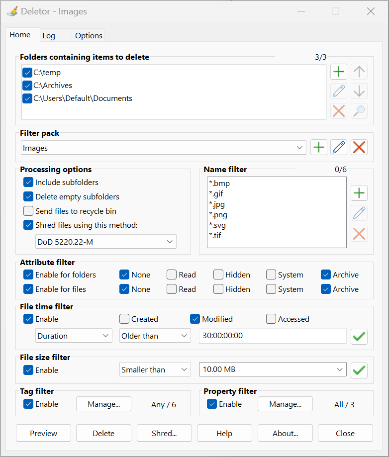 Deletor filters files by name, attribute, time, duration, tag and metadata