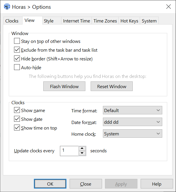 Horas includes many options to customize clocks and time and date formats