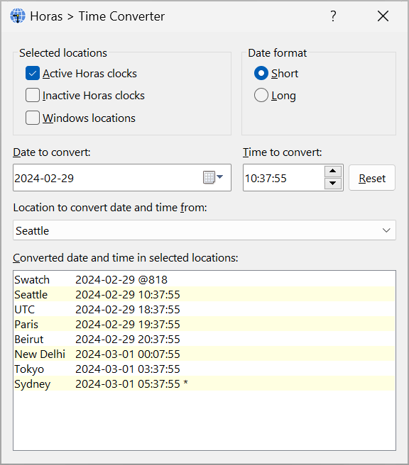 Horas includes a time zone converter with predefined locations