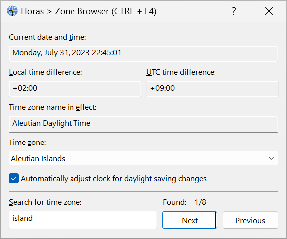 Horas includes a zone browser to convert the time from and to any time zone