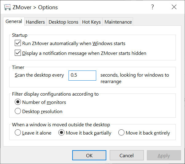Zmover options to rearrange windows on the desktop and keep them at the same spot