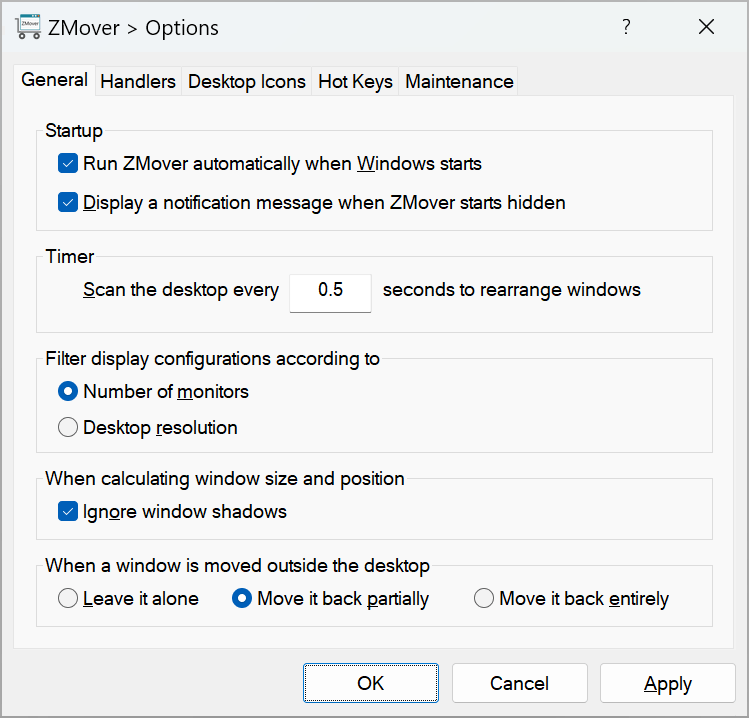 Zmover options to rearrange windows on the desktop and keep them at the same spot